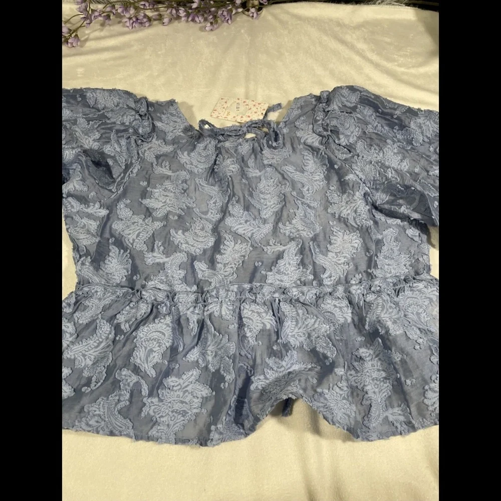 NWT Free People [ Small ] Calli Balloon‎ Sleeve Top in Bluemoon Quartz